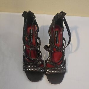 Charles Jourdan Brownish Gray Leather  Sandals w/Heels, Flat Studs, Size 9, NEW